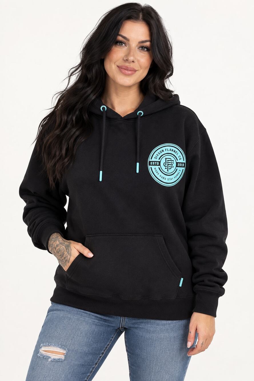 Dixxon Tiffany Work Hard Badge Hoodie Pullover Black Blue Womens Size XL New